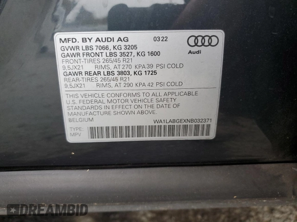 2022 Audi e-tron Premium Plus with VIN WA1LABGEXNB032371, listed as a Copart auction lot 81753974 with Not provided miles and Salvage title. Bid and sale history available at DreamBid. Image 15.