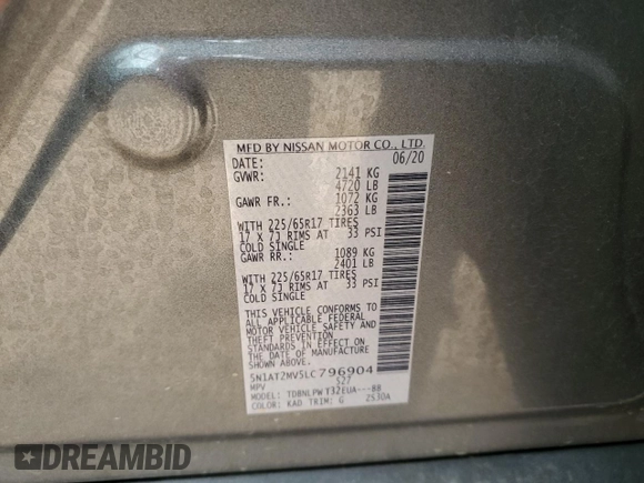 2020 Nissan Rogue S with VIN 5N1AT2MV5LC796904, listed as a Copart auction lot 49773975 with 83,714 mi miles and Salvage Title. Bid and sale history available at carsss.com. Image 13.