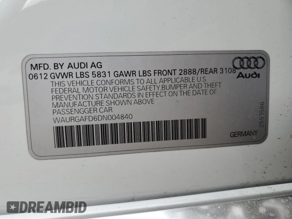 2013 Audi A8 3.0L with VIN WAURGAFD6DN004840, listed as a Copart auction lot 53507355 with 92,207 mi miles and Clean title. Bid and sale history available at DreamBid. Image 12.