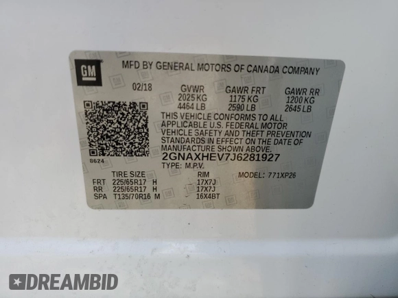 2018 Chevrolet Equinox LS with VIN 2GNAXHEV7J6281927, listed as a Copart auction lot 51520005 with 107,578 mi miles and Salvage Title. Bid and sale history available at DreamBid. Image 14.