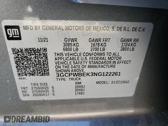2022 Chevrolet Silverado 1500 Custom with VIN 3GCPWBEK3NG122261, listed as a Copart auction lot 49619415 with 87,940 mi miles and Clean Title. Bid and sale history available at DreamBid. Image 12.