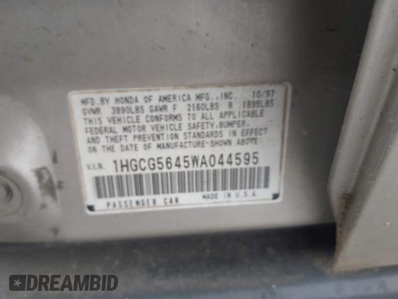 1998 Honda Accord LX z VIN 1HGCG5645WA044595, wystawiony jako IAAI lot #40073268 z przebiegiem 197 055 mil mil oraz . Historia ofert i sprzedaży dostępna na DreamBid. Obrazek 9.