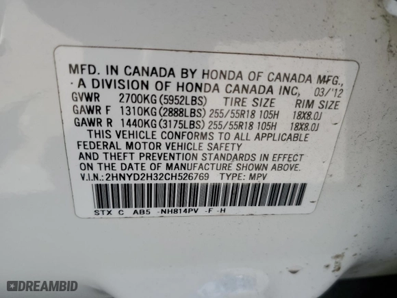 2012 Acura MDX Tech Pkg with VIN 2HNYD2H32CH526769, listed as a Copart auction lot 54320935 with 173,292 mi miles and Salvage Title. Bid and sale history available at carsss.com. Image 13.