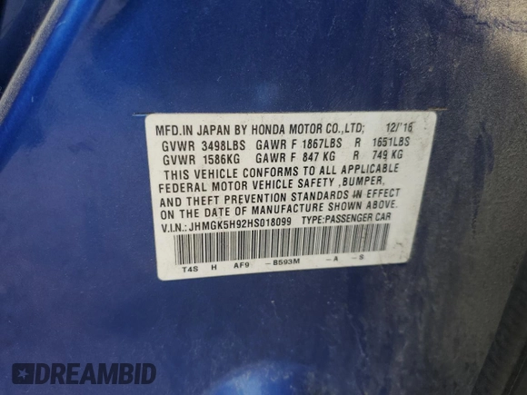 2017 Honda Fit EX-L with VIN JHMGK5H92HS018099, listed as a Copart auction lot 60628405 with 178,689 mi miles and Salvage title. Bid and sale history available at DreamBid. Image 12.