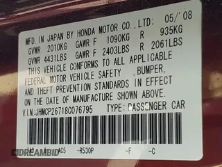 2008 Honda Accord EX with VIN JHMCP26718C076795, listed as a IAAI auction lot 42133856 with 128,438 mi miles and . Bid and sale history available at DreamBid. Image 9.