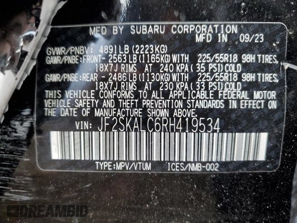 2024 Subaru Forester Limited z VIN JF2SKALC6RH419534, wystawiony jako Copart lot #87726775 z przebiegiem 5 484 mil mil oraz Szkoda całkowita • Salvage title. Historia ofert i sprzedaży dostępna na DreamBid. Obrazek 13.