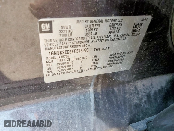 2015 Chevrolet Tahoe Commercial z VIN 1GNSK2EC5FR515993, wystawiony jako Copart lot #58700455 z przebiegiem 133 248 mil mil oraz Szkoda całkowita • Salvage title. Historia ofert i sprzedaży dostępna na DreamBid. Obrazek 13.