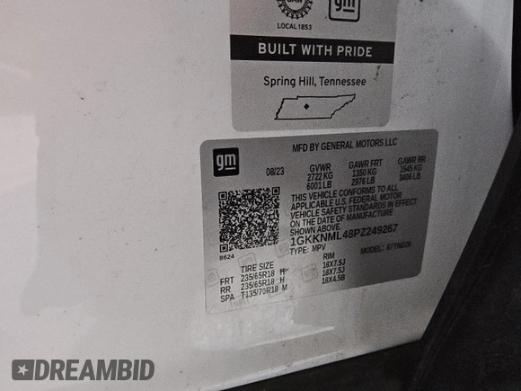 2023 GMC Acadia SLT with VIN 1GKKNML48PZ249267, listed as a Copart auction lot 49883775 with 46,150 mi miles and Salvage Title. Bid and sale history available at DreamBid. Image 14.