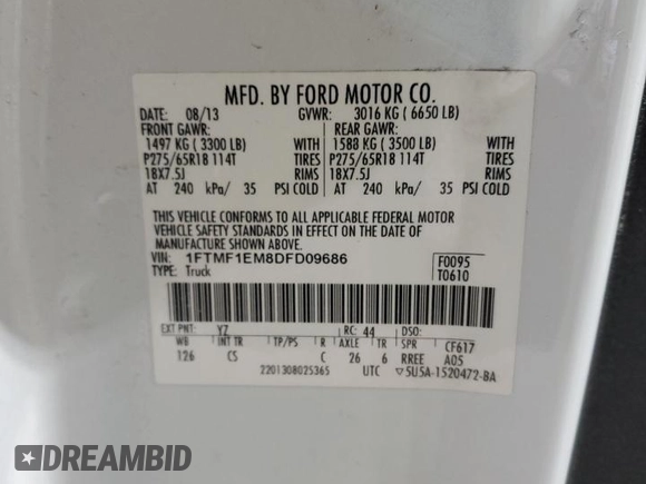 2013 Ford F-150 XL with VIN 1FTMF1EM8DFD09686, listed as a Copart auction lot 87580895 with 352,762 mi miles and Salvage Title. Bid and sale history available at DreamBid. Image 12.