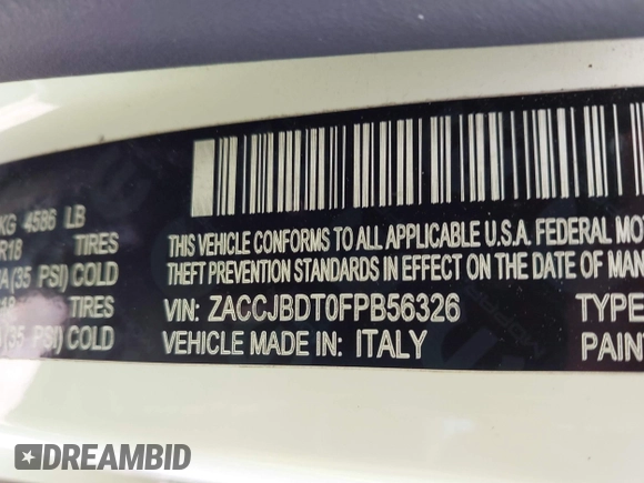 2015 Jeep Renegade Limited with VIN ZACCJBDT0FPB56326, listed as a IAAI auction lot 41964847 with 173,844 mi miles and . Bid and sale history available at DreamBid. Image 9.