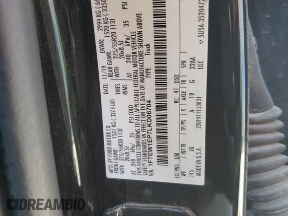 2020 Ford F-150 XL с VIN 1FTEW1EP7LKD06704, выставлен на аукционе Copart как лот 59968725 с пробегом 131 161 миль миль и Списание • Salvage title. История ставок и продаж доступна на DreamBid. Изображение 12.