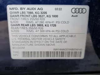 2022 Audi e-tron Premium with VIN WA1AAAGE5NB034143, listed as a Copart auction lot 43930573 with 4,484 mi miles. Bid and sale history available at carsss.com. Image 13.