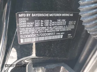 2013 BMW X3 xDrive28i with VIN 5UXWX9C57D0D08551, listed as a IAAI auction lot 41728132 with 123,630 mi miles and . Bid and sale history available at DreamBid. Image 9.