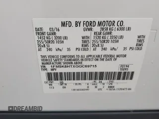 2016 Ford Explorer Platinum с VIN 1FM5K8HTXGGC69715, выставлен на аукционе Copart как лот 59577805 с пробегом 48 926 миль миль и Списание • Salvage title. История ставок и продаж доступна на DreamBid. Изображение 13.