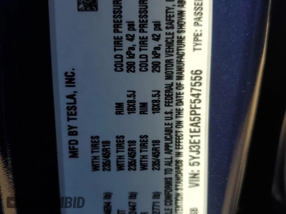 2023 Tesla Model 3 z VIN 5YJ3E1EA5PF547556, wystawiony jako Copart lot #52799655 z przebiegiem 5 242 mil mil oraz Szkoda całkowita • Salvage title. Historia ofert i sprzedaży dostępna na DreamBid. Obrazek 12.