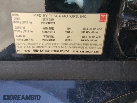2016 Tesla Model S 90D with VIN 5YJSA1E20GF123251, listed as a Copart auction lot 52791625 with 97,393 mi miles and Salvage Title. Bid and sale history available at DreamBid. Image 12.