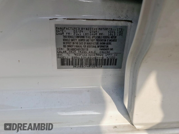 2024 Nissan Sentra SV with VIN 3N1AB8CV4RY359118, listed as a Copart auction lot 59172325 with 12,667 mi miles and Salvage title. Bid and sale history available at DreamBid. Image 12.