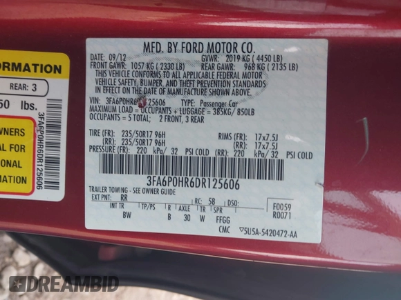 2013 Ford Fusion SE with VIN 3FA6P0HR6DR125606, listed as a IAAI auction lot 41778720 with 196,786 mi miles. Bid and sale history available at carsss.com. Image 9.