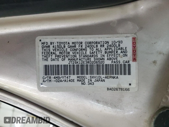 1994 Toyota Camry LE with VIN JT2SK12E3R0206520, listed as a Copart auction lot 44657735 with 203,595 mi miles and Clean Title. Bid and sale history available at carsss.com. Image 12.