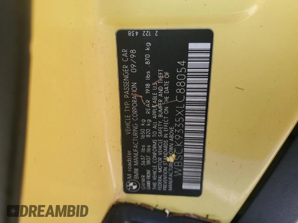 1999 BMW Z3 M Roadster z VIN WBSCK9335XLC88054, wystawiony jako Copart lot #76987034 z przebiegiem Nie podano mil oraz Szkody całkowita. Historia ofert i sprzedaży dostępna na DreamBid. Obrazek 13.