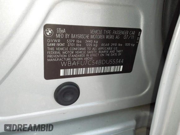 2011 BMW 5 Series 535i xDrive with VIN WBAFU7C54BDU55344, listed as a IAAI auction lot 42102771 with 124,920 mi miles and . Bid and sale history available at DreamBid. Image 9.