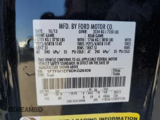 2013 Ford F-150 XL with VIN 1FTFW1EF9DKG29309, listed as a Copart auction lot 46171155 with 136,283 mi miles and Salvage title. Bid and sale history available at DreamBid. Image 13.
