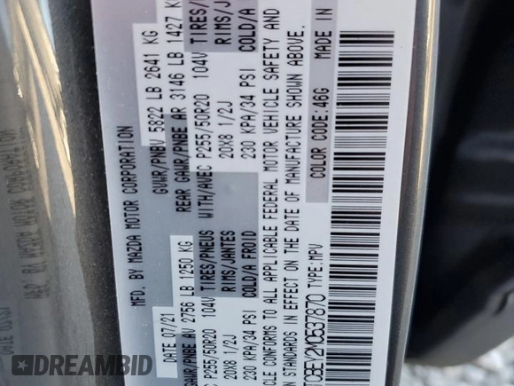 2021 Mazda CX-9 Signature with VIN JM3TCBEY2M0537870, listed as a Copart auction lot 43575685 with 56,260 mi miles and Salvage Title. Bid and sale history available at carsss.com. Image 14.