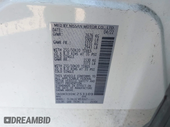 2022 Nissan Pathfinder SL с VIN 5N1DR3CD1NC253109, выставлен на аукционе IAAI как лот 41302581 с пробегом 32 278 миль миль и . История ставок и продаж доступна на DreamBid. Изображение 9.
