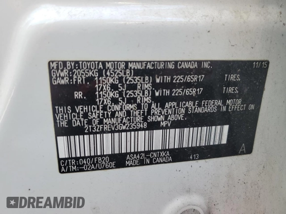 2016 Toyota RAV4 LE with VIN 2T3ZFREV3GW235948, listed as a Copart auction lot 50914325 with 127,965 mi miles and Clean Title. Bid and sale history available at DreamBid. Image 13.