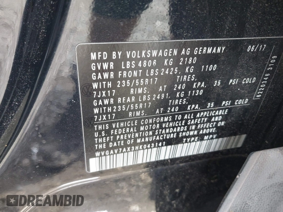 2017 Volkswagen Tiguan S z VIN WVGAV7AX3HK043141, wystawiony jako IAAI lot #42259813 z przebiegiem 63 151 mil mil oraz . Historia ofert i sprzedaży dostępna na DreamBid. Obrazek 9.