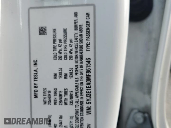 2021 Tesla Model 3 Standard Range Plus with VIN 5YJ3E1EA0MF861546, listed as a Copart auction lot 51014875 with 43,011 mi miles and Salvage Title. Bid and sale history available at DreamBid. Image 15.