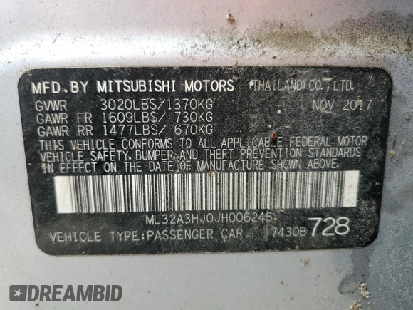 2018 Mitsubishi Mirage ES z VIN ML32A3HJ0JH006245, wystawiony jako Copart lot #54308325 z przebiegiem 101 116 mil mil oraz Czysty tytuł • Clean title. Historia ofert i sprzedaży dostępna na DreamBid. Obrazek 12.