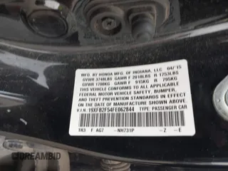 2015 Honda Civic LX with VIN 19XFB2F54FE062844, listed as a IAAI auction lot 42060674 with Not Provided miles and . Bid and sale history available at DreamBid. Image 9.