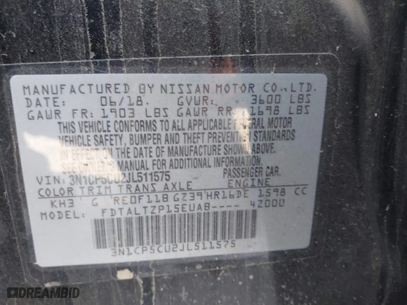 2018 Nissan Kicks SR with VIN 3N1CP5CU2JL511575, listed as a IAAI auction lot 41615315 with 175,722 mi miles. Bid and sale history available at carsss.com. Image 9.