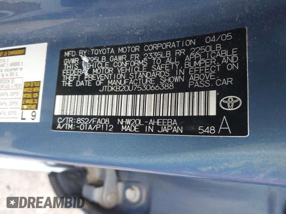 2005 Toyota Prius with VIN JTDKB20U753066388, listed as a IAAI auction lot 41947528 with 172,873 mi miles. Bid and sale history available at carsss.com. Image 9.