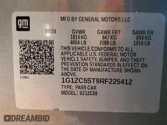2024 Chevrolet Malibu LS with VIN 1G1ZC5ST9RF225412, listed as a Copart auction lot 88205775 with 11,550 mi miles and Salvage Title. Bid and sale history available at DreamBid. Image 14.