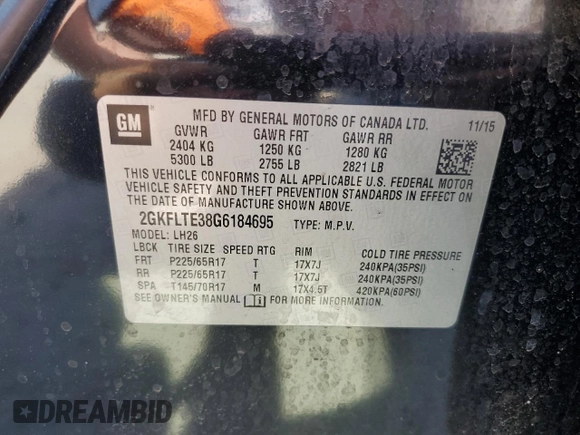 2016 GMC Terrain SLE with VIN 2GKFLTE38G6184695, listed as a Copart auction lot 52087925 with 80,641 mi miles and Salvage Title. Bid and sale history available at DreamBid. Image 14.
