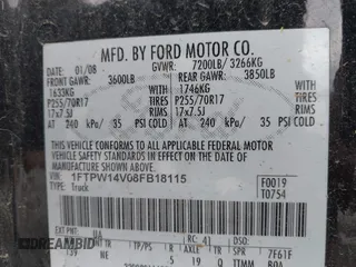 2008 Ford F-150 XLT z VIN 1FTPW14V08FB18115, wystawiony jako IAAI lot #42401528 z przebiegiem 265 185 mil mil oraz . Historia ofert i sprzedaży dostępna na DreamBid. Obrazek 9.