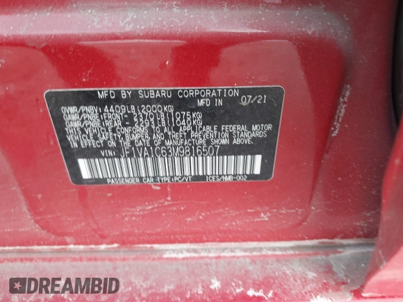 2021 Subaru WRX Premium z VIN JF1VA1C63M9816507, wystawiony jako IAAI lot #41372859 z przebiegiem 30 593 mil mil oraz . Historia ofert i sprzedaży dostępna na DreamBid. Obrazek 9.
