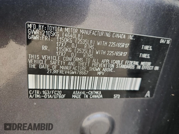 2016 Toyota RAV4 XLE with VIN 2T3RFREV4GW478667, listed as a Copart auction lot 64580095 with 70,593 mi miles and Salvage title. Bid and sale history available at DreamBid. Image 12.
