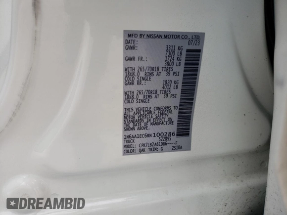 2024 Nissan Titan SV with VIN 1N6AA1EC6RN100286, listed as a Copart auction lot 78082024 with 24,336 mi miles and Salvage title. Bid and sale history available at DreamBid. Image 13.