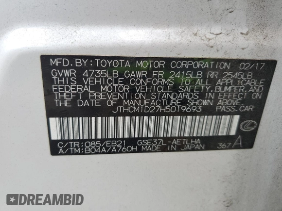 2017 Lexus IS 300 with VIN JTHCM1D27H5019693, listed as a Copart auction lot 44965975 with 104,657 mi miles and Salvage title. Bid and sale history available at DreamBid. Image 12.