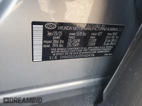 2023 Hyundai Santa Fe Limited with VIN 5NMS5DA17PH004114, listed as a Copart auction lot 84145684 with 26,635 mi miles and Salvage Title. Bid and sale history available at DreamBid. Image 13.
