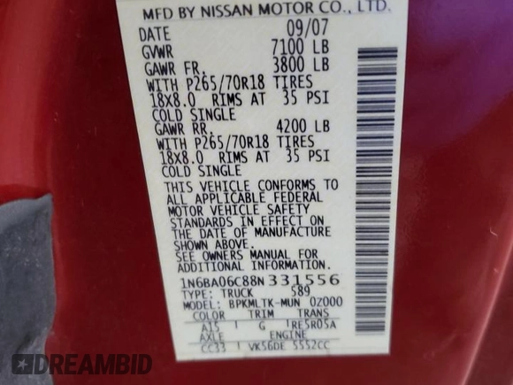 2008 Nissan Titan XE z VIN 1N6BA06C88N331556, wystawiony jako Copart lot #86565234 z przebiegiem 96 507 mil mil oraz Szkody całkowita. Historia ofert i sprzedaży dostępna na DreamBid. Obrazek 12.