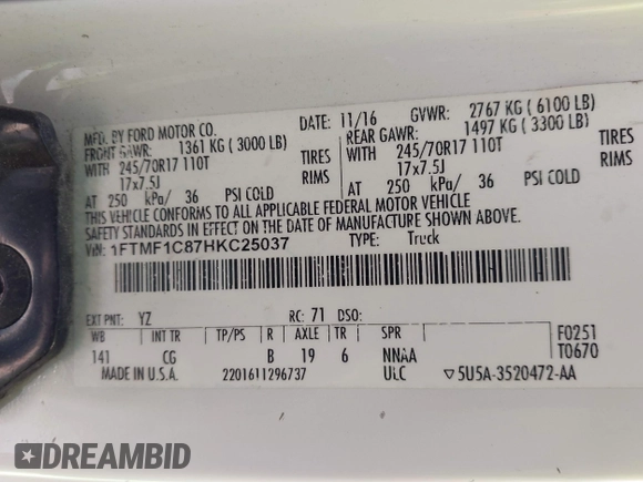 2017 Ford F-150 XL с VIN 1FTMF1C87HKC25037, выставлен на аукционе IAAI как лот 42293998 с пробегом 99 710 миль миль и . История ставок и продаж доступна на DreamBid. Изображение 9.