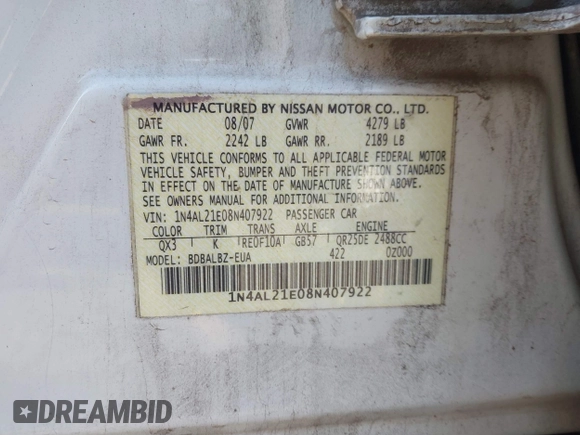 2008 Nissan Altima 2.5 S with VIN 1N4AL21E08N407922, listed as a IAAI auction lot 41889923 with 284,414 mi miles. Bid and sale history available at carsss.com. Image 9.