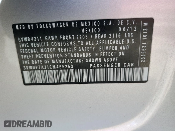 2012 Volkswagen Jetta SE z VIN 3VWDP7AJ1CM465253, wystawiony jako Copart lot #54897005 z przebiegiem 125 309 mil mil oraz Szkoda całkowita • Salvage title. Historia ofert i sprzedaży dostępna na DreamBid. Obrazek 12.