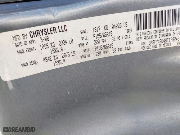 2008 Chrysler PT Cruiser with VIN 3A8FY48B48T179246, listed as a IAAI auction lot 41815139 with 1 mi miles. Bid and sale history available at carsss.com. Image 9.