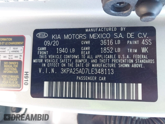 2020 Kia Rio S with VIN 3KPA25AD7LE348113, listed as a IAAI auction lot 41365528 with 43,633 mi miles and . Bid and sale history available at DreamBid. Image 9.