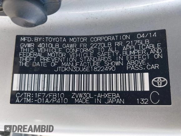 2014 Toyota Prius Four with VIN JTDKN3DU6E1822490, listed as a IAAI auction lot 42182797 with 192,338 mi miles. Bid and sale history available at carsss.com. Image 9.